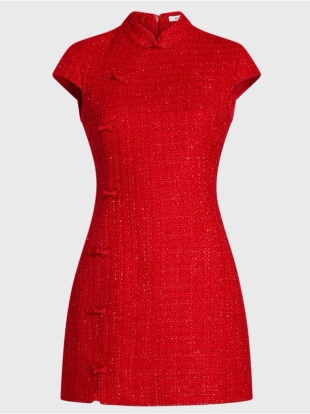 Sau Lee Cap-Sleeve Red Tweed Mini Dress with Front Slit - Picture 6 of 6